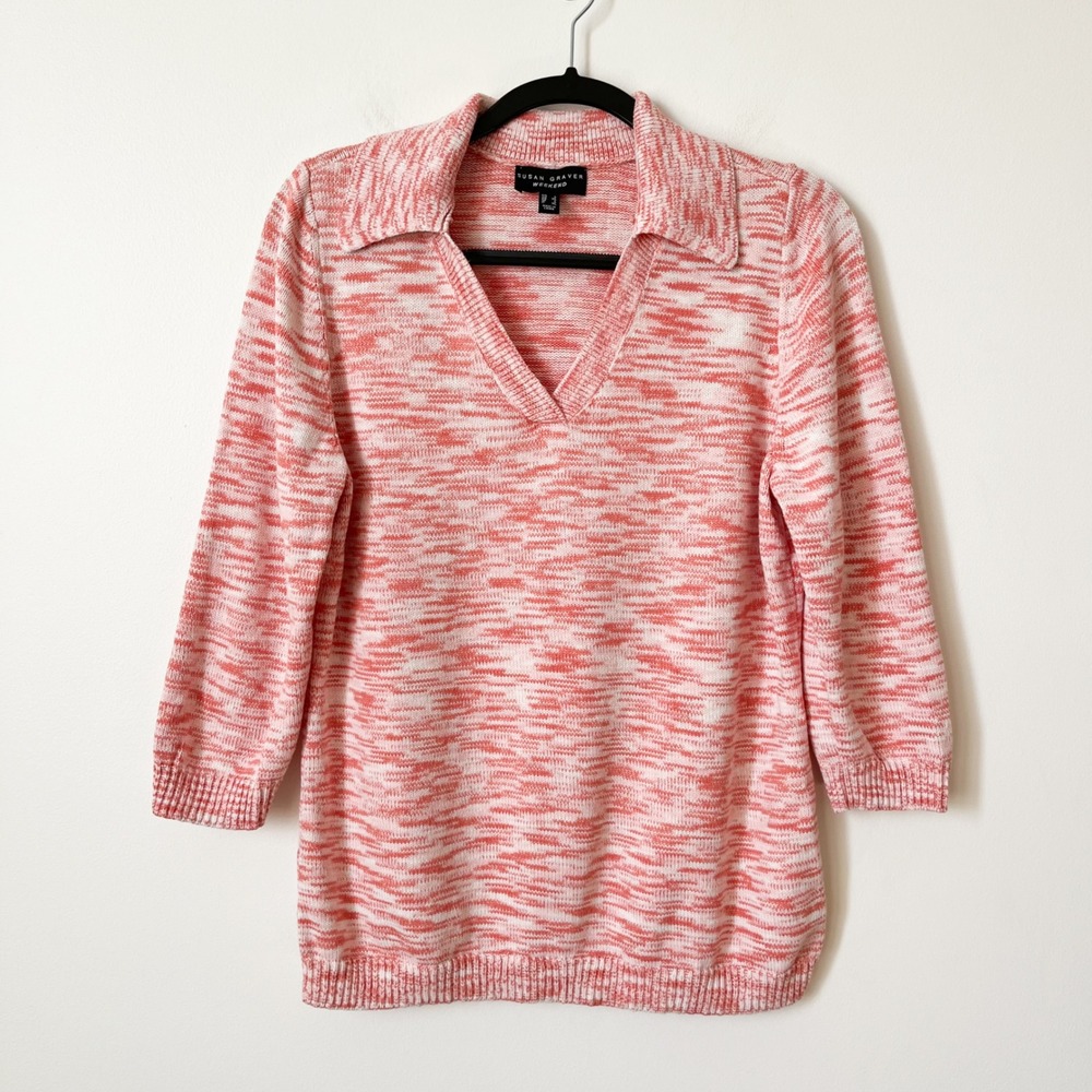Susan Graver Weekend Split Neck Elbow Sleeve Sweater Coral Womens Large